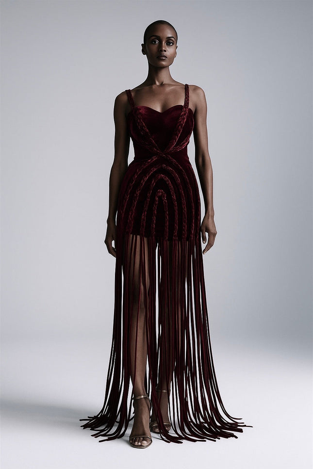 Model wearing a dark red, strapless gown with fringe details on a white background