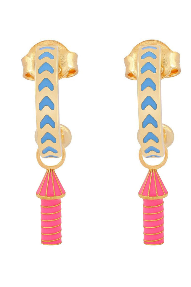 image of rocket enamel earrings in blue and pink and gold on white background