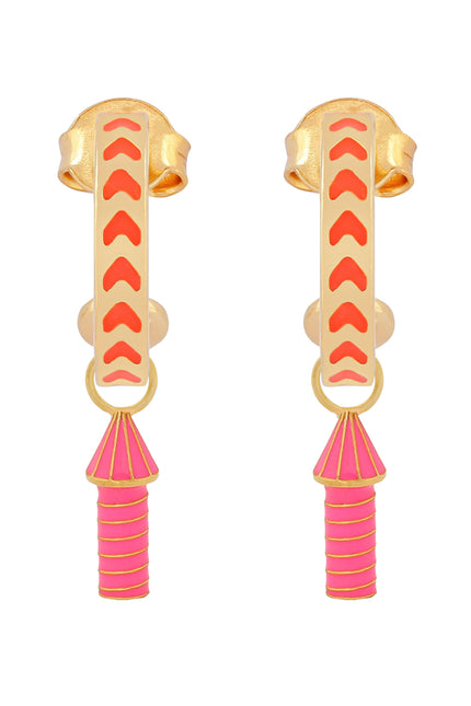 image of rocket enamel earrings in orange and pink and gold on white background