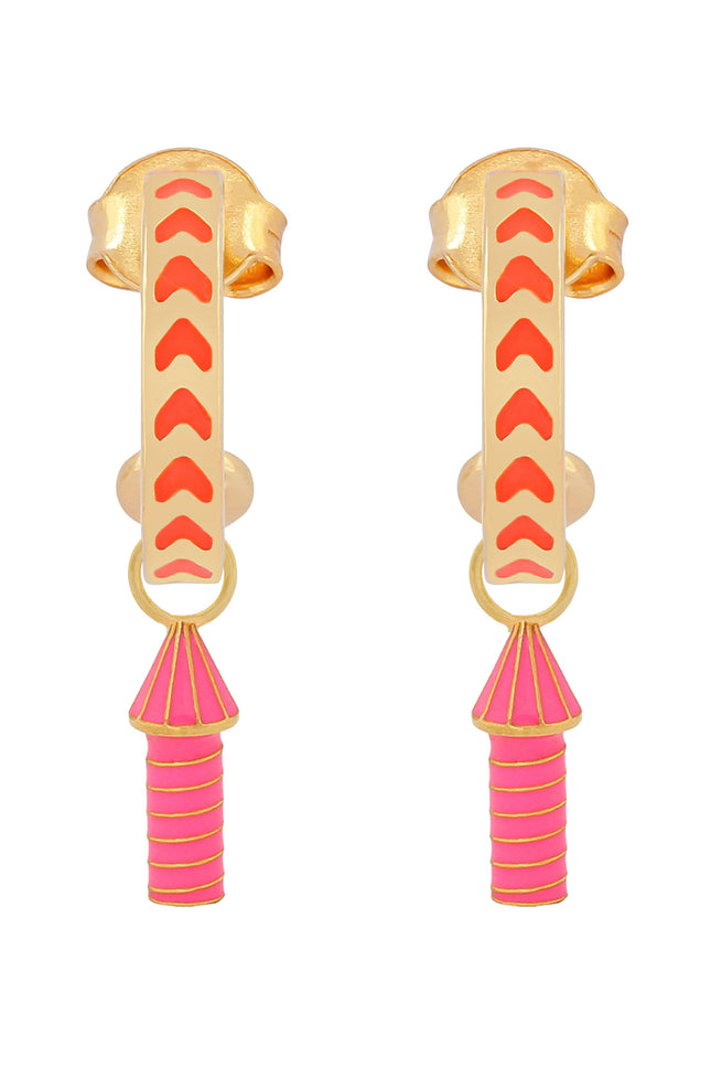image of rocket enamel earrings in orange and pink and gold on white background