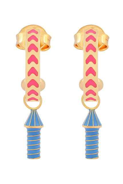 image of rocket enamel earrings in pink and blue and gold on white background