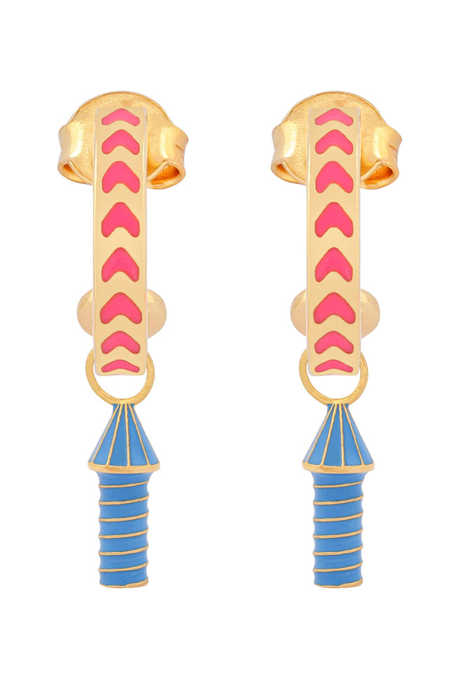 image of rocket enamel earrings in pink and blue and gold on white background