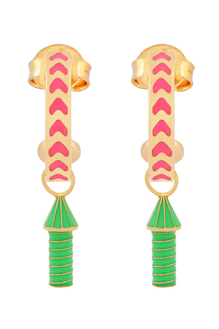 image of rocket enamel earrings in pink, green and gold on white background