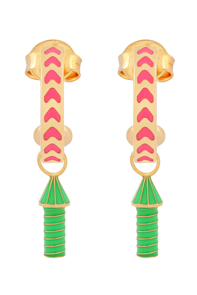 image of rocket enamel earrings in pink, green and gold on white background