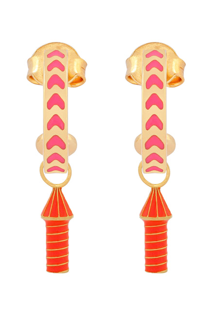 image of rocket enamel earrings in pink, orange and gold on white background
