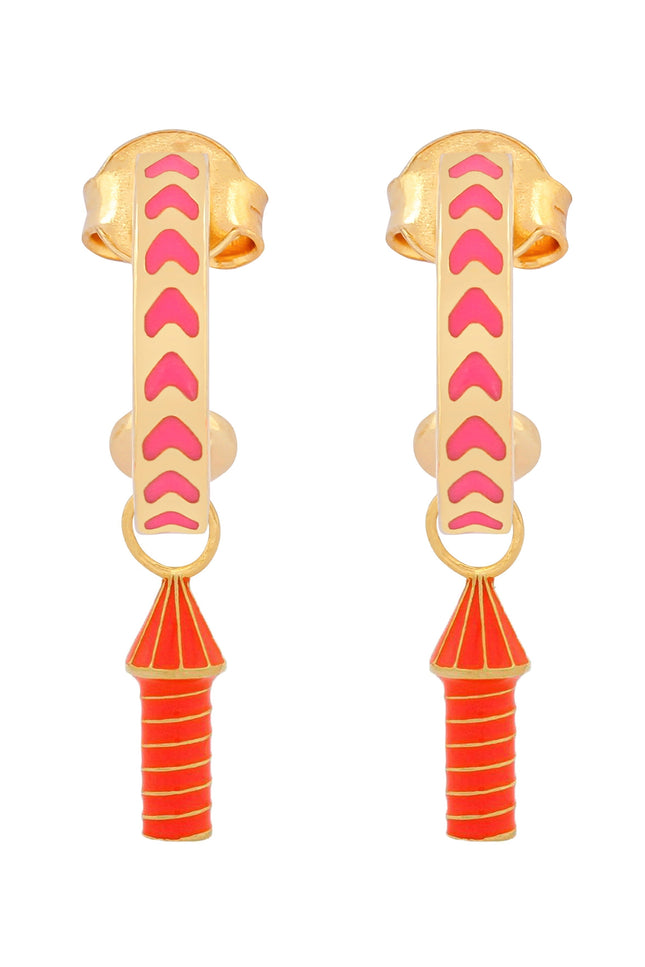 image of rocket enamel earrings in pink, orange and gold on white background