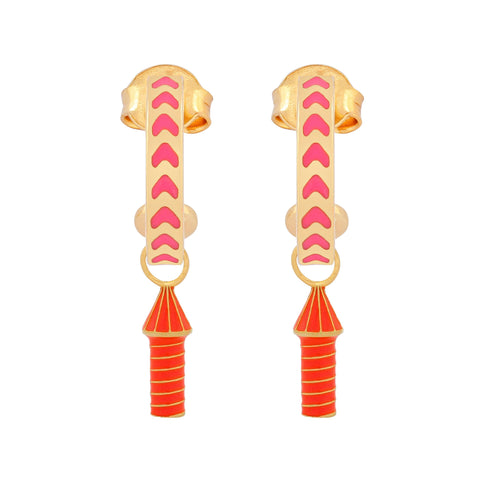 image of rocket enamel earrings in pink, orange and gold on white background