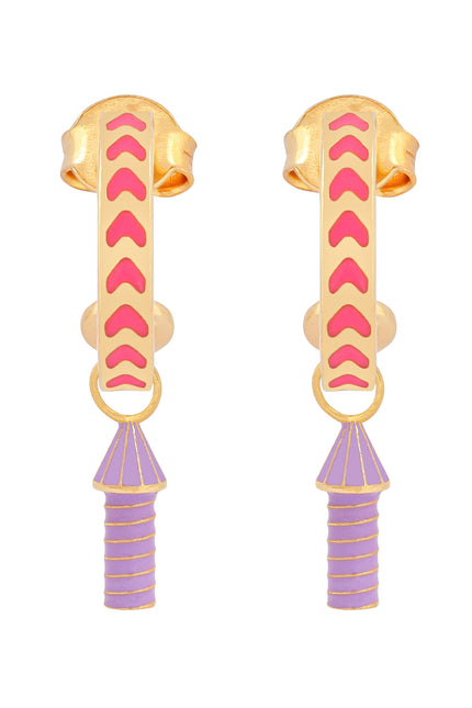 image of rocket enamel earrings in pink, purple and gold on white background