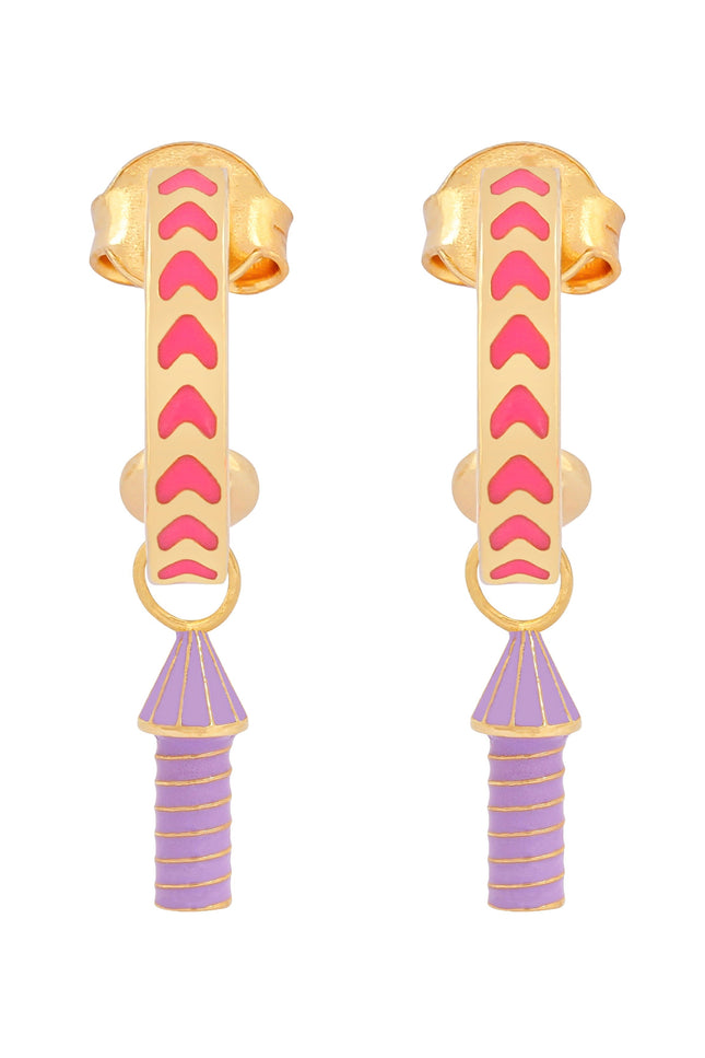 image of rocket enamel earrings in pink, purple and gold on white background