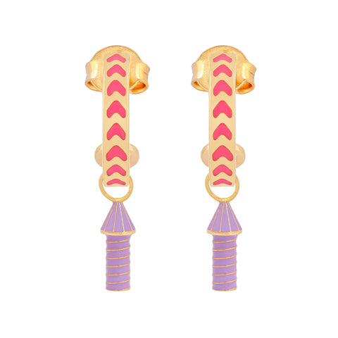 image of rocket enamel earrings in pink, purple and gold on white background
