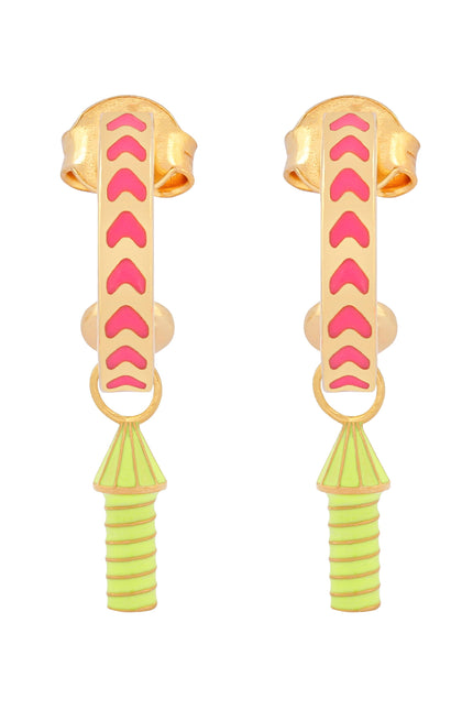 image of rocket enamel earrings in pink and neon yellow and gold on white background