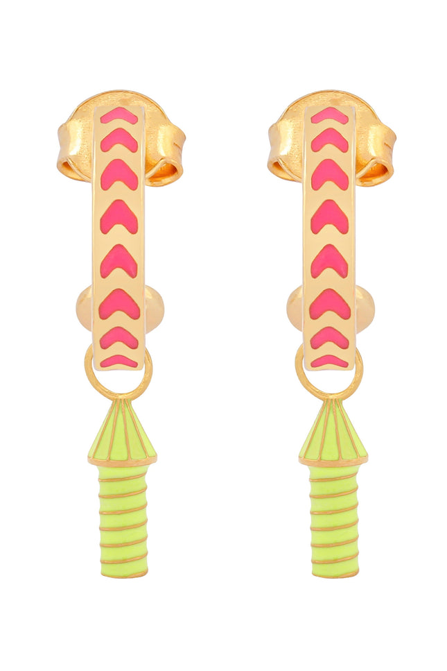 image of rocket enamel earrings in pink and neon yellow and gold on white background