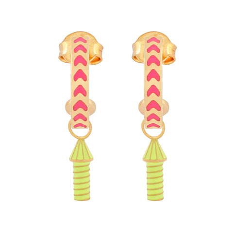 image of rocket enamel earrings in pink and neon yellow and gold on white background