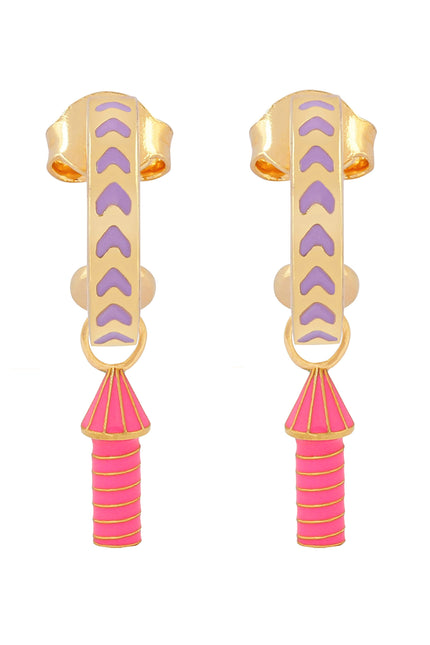 image of rocket enamel earrings in purple, pink and gold on white background