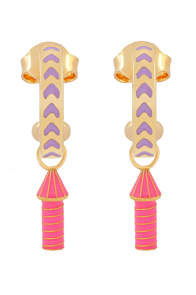 image of rocket enamel earrings in purple, pink and gold on white background