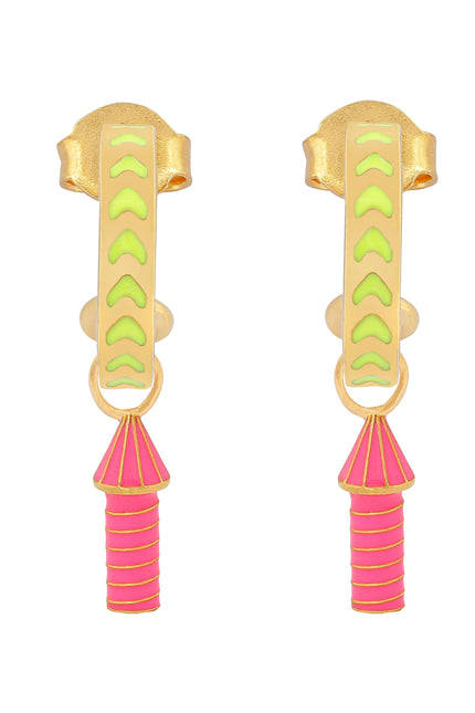 image of rocket enamel earrings in neon yellow, pink and gold on white background
