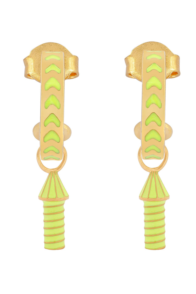 image of rocket enamel earrings in neon yellow and gold on white background