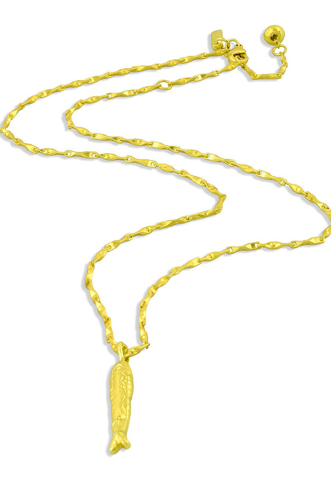 Gold plated Fish Charm Necklace in 925 sterling silver by Arvino on a white background