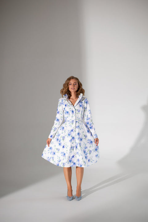 RainSisters | Fitted and Flared Coat with A-Line Skirt in White with Blue Flower Print 'Floral White'