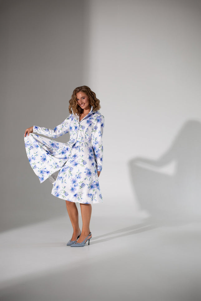 RainSisters | Fitted and Flared Coat with A-Line Skirt in White with Blue Flower Print 'Floral White'