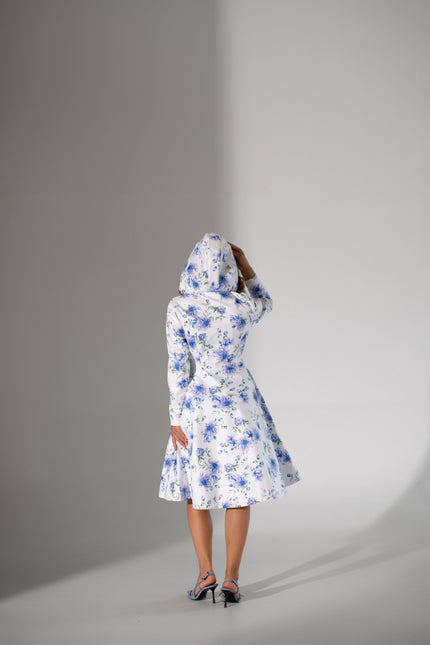 RainSisters | Fitted and Flared Coat with A-Line Skirt in White with Blue Flower Print 'Floral White'