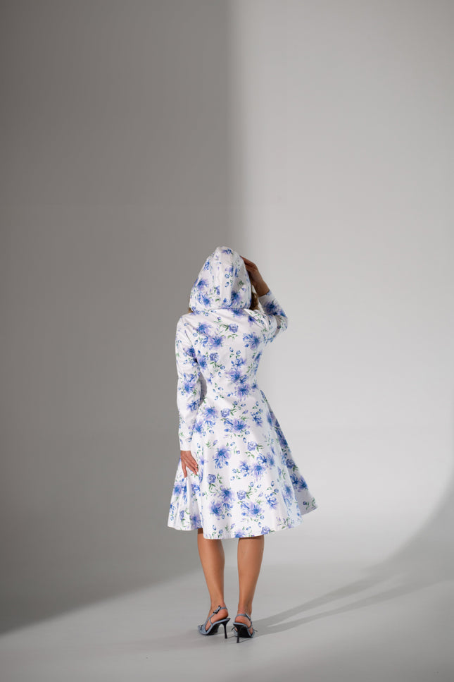 RainSisters | Fitted and Flared Coat with A-Line Skirt in White with Blue Flower Print 'Floral White'
