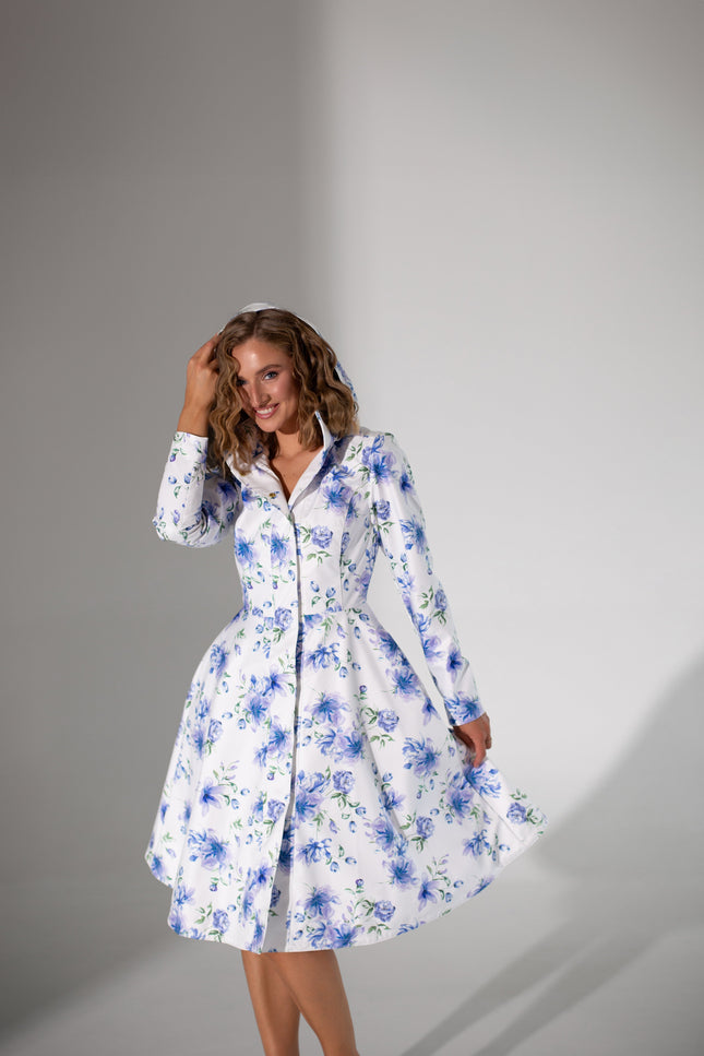 RainSisters | Fitted and Flared Coat with A-Line Skirt in White with Blue Flower Print 'Floral White'