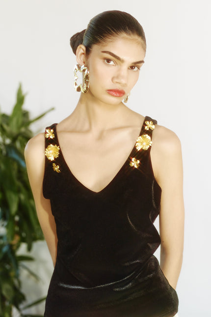 Deep V neck velvet top in black with gold flower detail