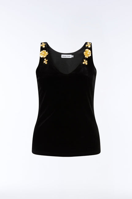 Black velvet occasion top with gold floral strap detail