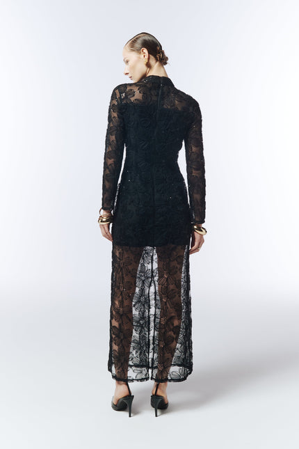 Back view of black embroidered mesh dress with sheer overlay and concealed zip.