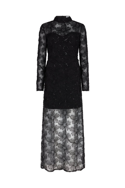 Detailed shot of 3D floral textures and shimmer embellishments suitable for eveningwear.