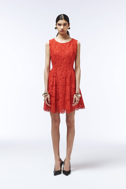 Sleeveless cherry red lace mini dress with floral detailing by SOUR FIGS