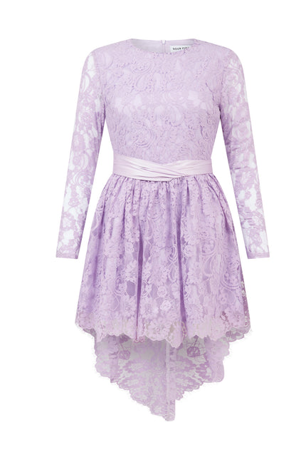 SOUR FIGS lilac floral lace dress with satin waistband and long sheer sleeves.