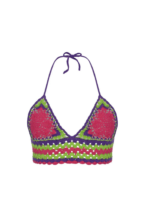 Flower Crochet Top - Lilac Fuchsia with Purple and Green NORGÄTE alpaca knitwear sustainably made in Peru