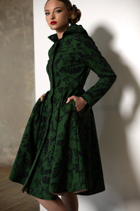 RainSisters | Fitted Coat with Pleated Flared Skirt in Green and Black 'Forest Flower'