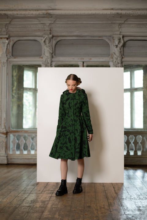 RainSisters | Fitted Coat with Pleated Flared Skirt in Green and Black 'Forest Flower'