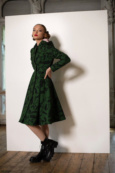 RainSisters | Fitted Coat with Pleated Flared Skirt in Green and Black 'Forest Flower'