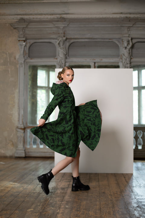 Dark Green waterproof coat with floral print