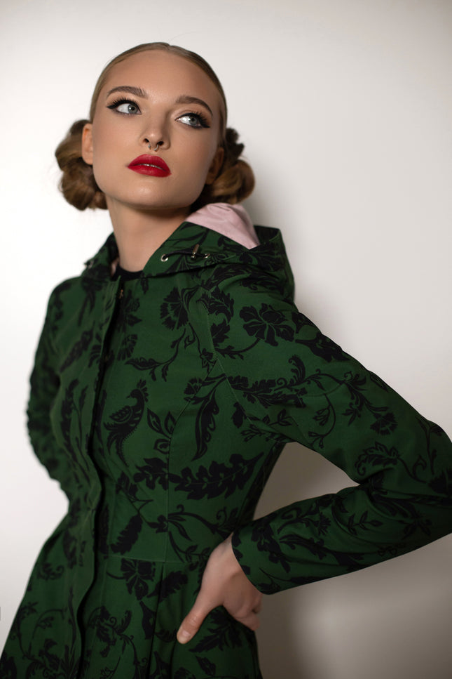 Forest green Raincoat with floral print