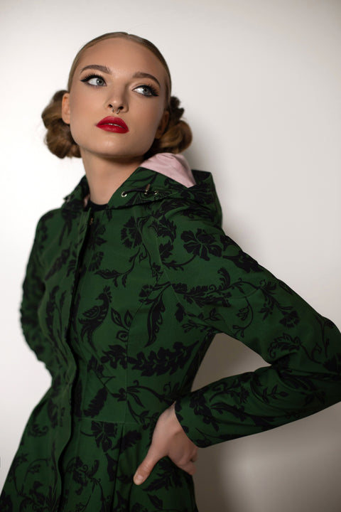 RainSisters | Fitted Coat with Pleated Flared Skirt in Green and Black 'Forest Flower'