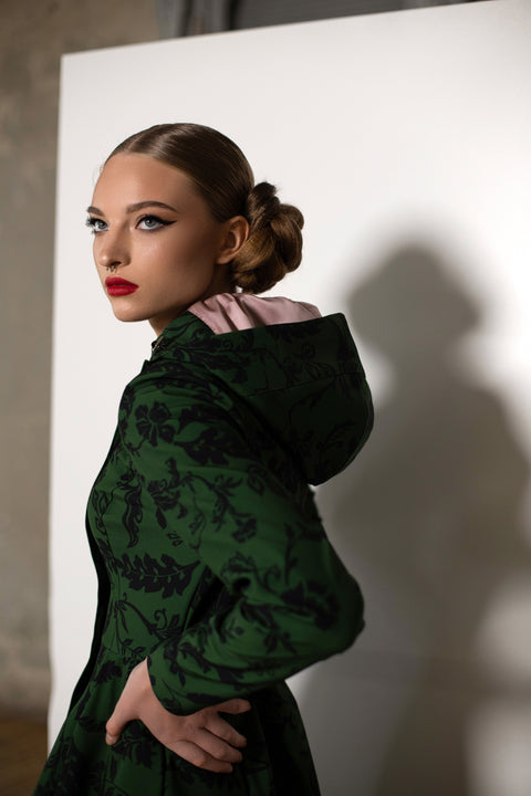 RainSisters | Fitted Coat with Pleated Flared Skirt in Green and Black 'Forest Flower'