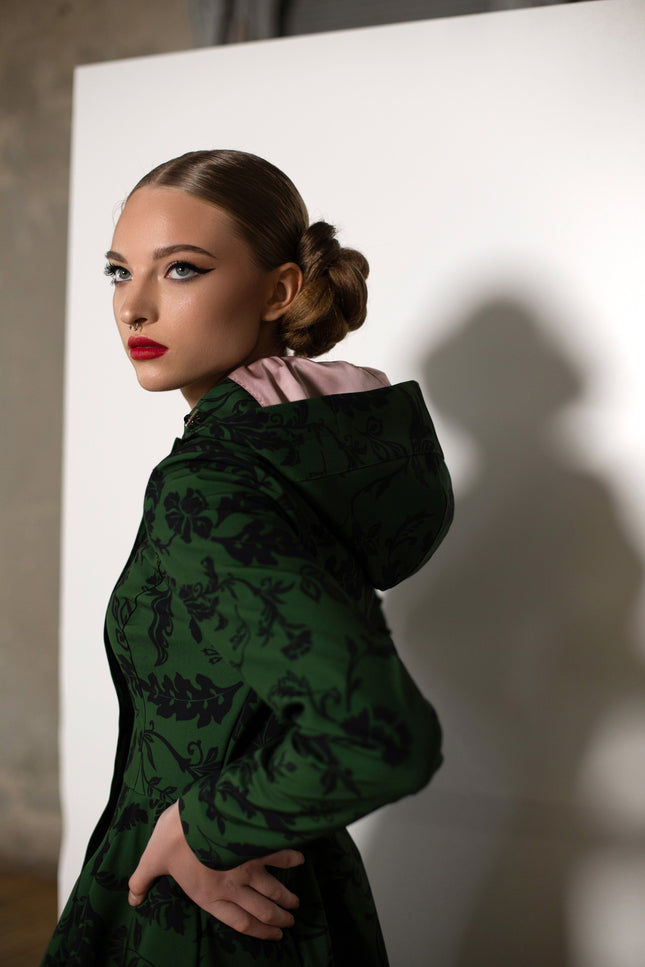 Hooded dark green waterproof coat with satin lining