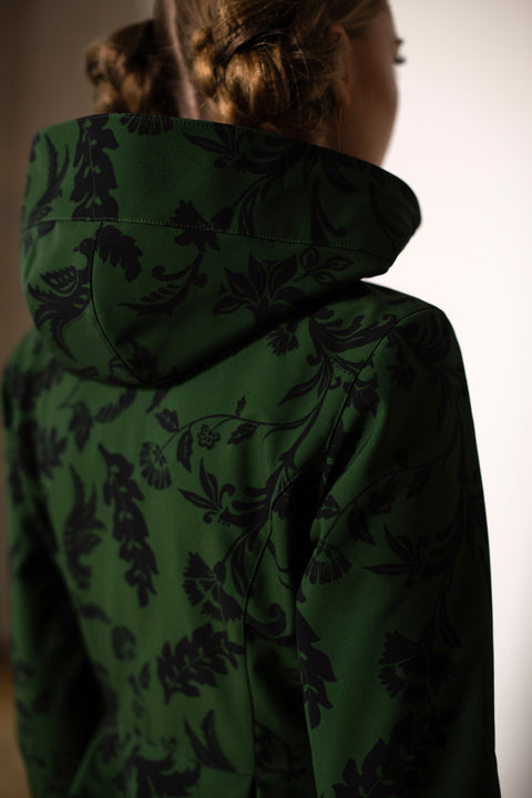 RainSisters | Fitted Coat with Pleated Flared Skirt in Green and Black 'Forest Flower'