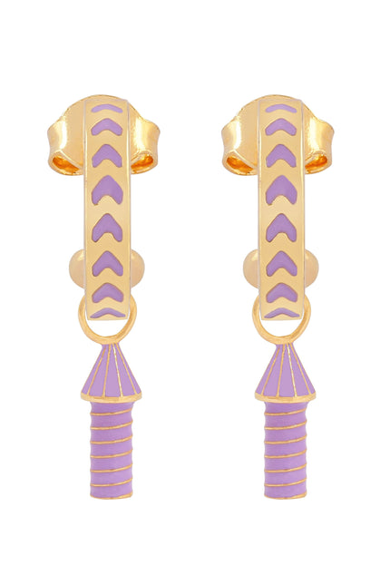 image of rocket enamel earrings in purple and gold on white background
