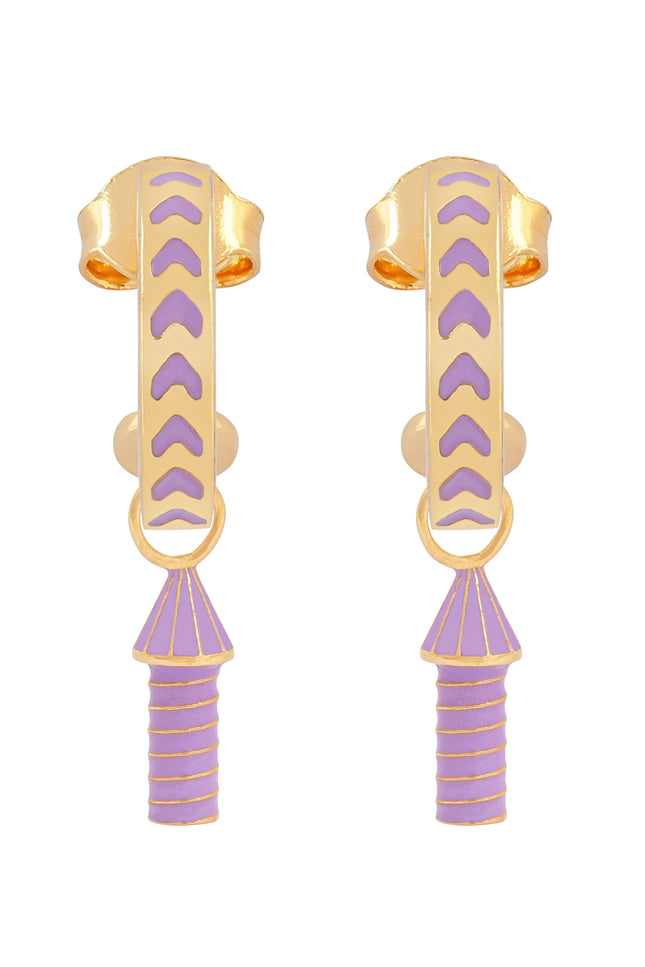 image of rocket enamel earrings in purple and gold on white background