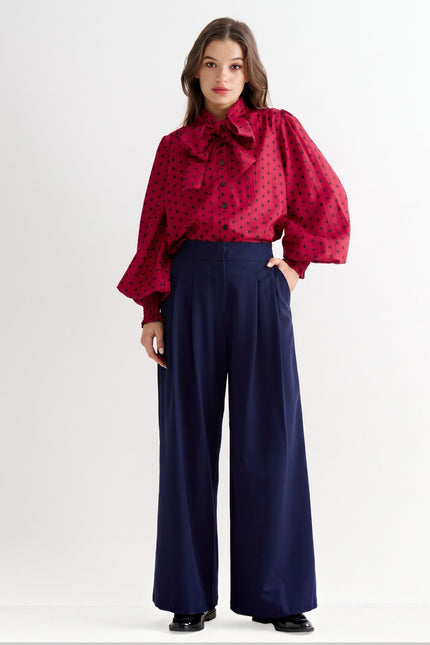 Louche London | Tyler Fine Twill Pleat Front Wide Leg Trouser -  Navy