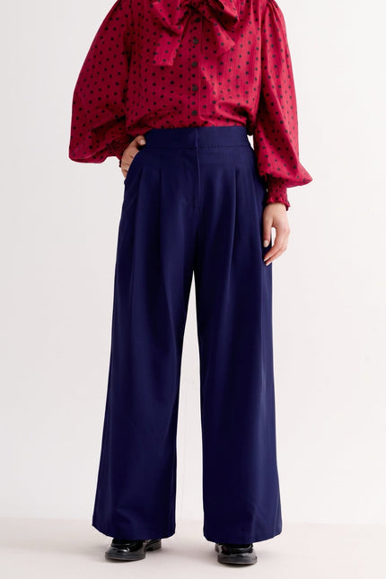 Louche London | Tyler Fine Twill Pleat Front Wide Leg Trouser -  Navy