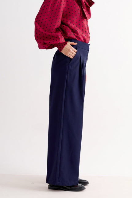 Louche London | Tyler Fine Twill Pleat Front Wide Leg Trouser -  Navy