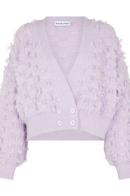 SOUR FIGS Fringed Checkerboard Cardigan II in Wisteria Purple