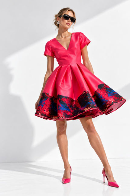 Deep V-Neck Flared Dress – Red Pink Landscape
